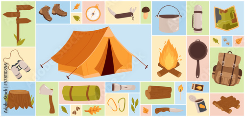 Cartoon summer forest campsite and tourism objects, scout gear kit, caravan motorhome in square collage background. Outdoor camp concept. Camping tools for hiking adventure set vector illustration