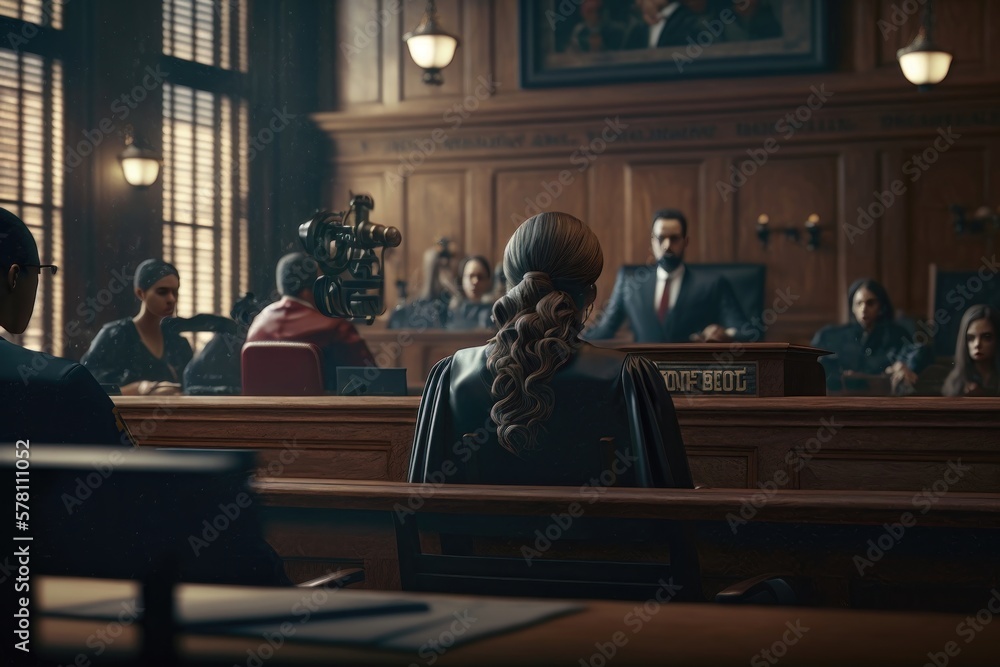 Court of Law Trial: Female Judge and and Jury Sit, Start of a Civil Case Hearing. AI Generation