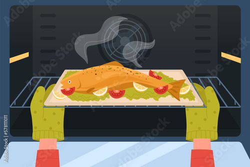 Cartoon chef cooking fish in home kitchen, making dinner flat vector illustration. Tasty food recipe, cooking concept. Hands in gloves taking out tray of fish from baking oven.