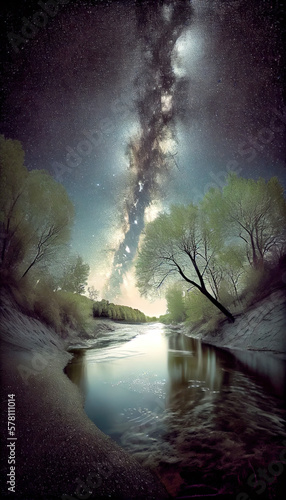 River under Milky Way at night  Generative AI