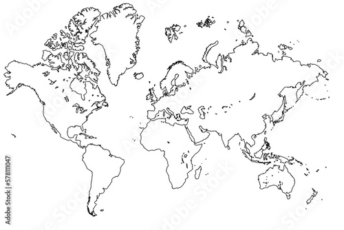 Flat wold map with continent silhouettes. Global word map outline on transparent background.