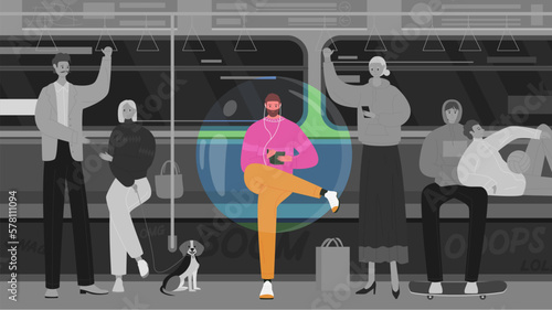 Happy introvert inside bubble of personal space vector illustration. Cartoon young unsocial man with phone isolated in protective transparent sphere, characters sitting on seats of subway train
