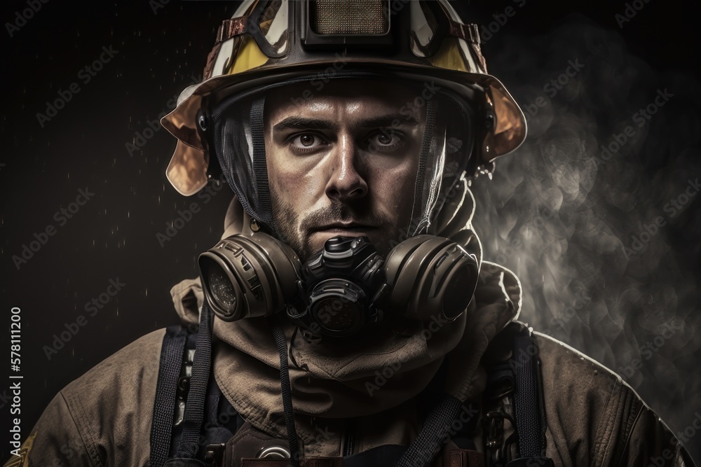 Portrait Firefighter man wearing protective fire suite and helmet with equipment. AI Generation