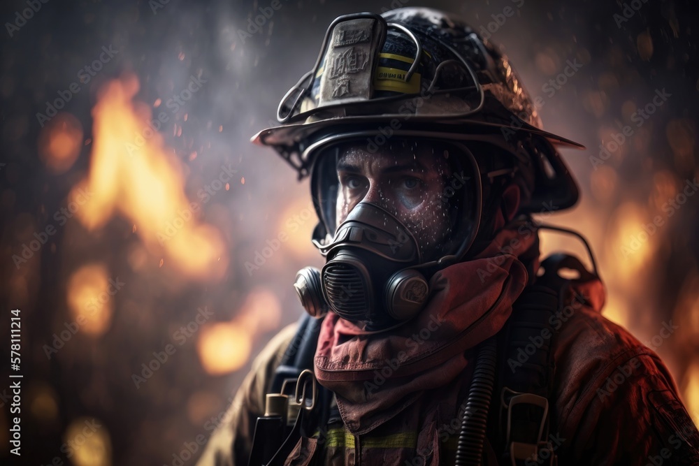 Portrait Firefighter man wearing protective fire suite and helmet with equipment. AI Generation Portrait Firefighter man wearing protective fire suite and helmet with equipment. AI Generation