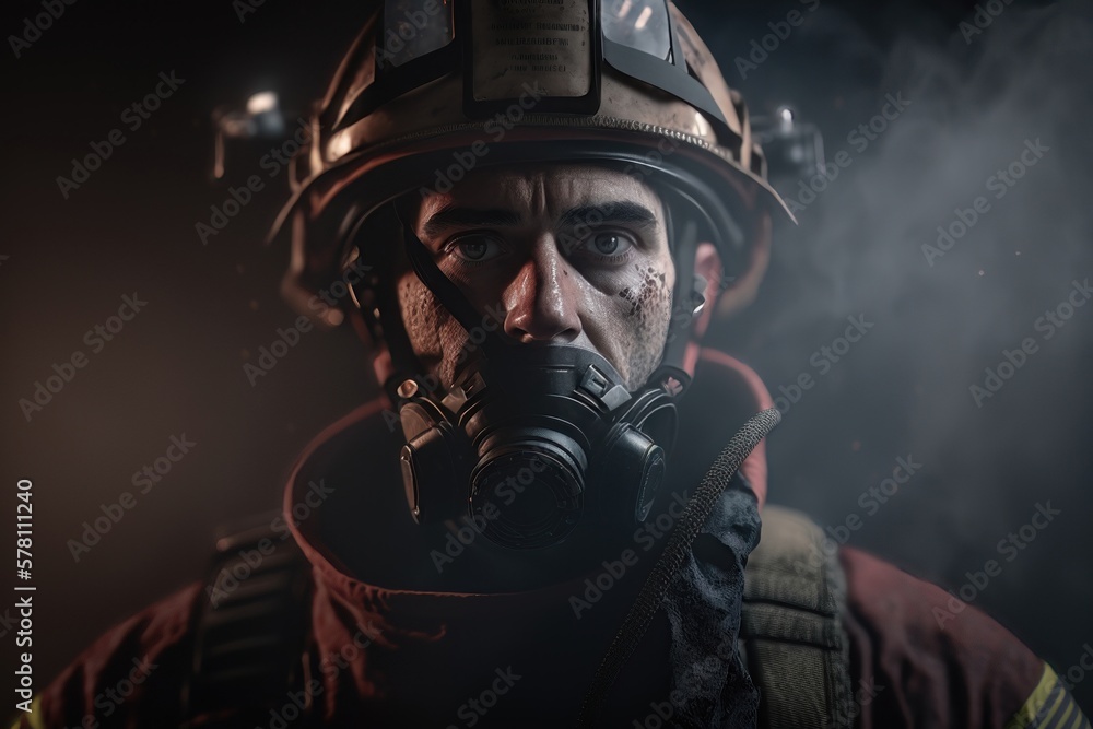 Portrait Firefighter man wearing protective fire suite and helmet with equipment. AI Generation