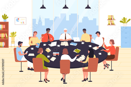 Teamwork of business people sitting at round office table vector illustration. Cartoon corporate team meeting at conference together, employees and chairman characters sit to discuss and exchange idea