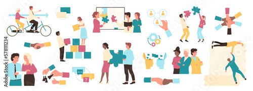 Business teamwork set vector illustration. Cartoon people of corporate team collect puzzle for company organization, carry cubes in collaboration, ride tandem bike and discuss business strategy