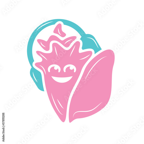 Cute happy pink queen conch character listening to music using teal headphones