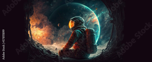 Dramatic colorful astronaut in space with planets and stars created with Generative AI technology