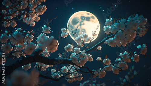 Branches of cherry blossom at night amid full moon created with generative AI technology