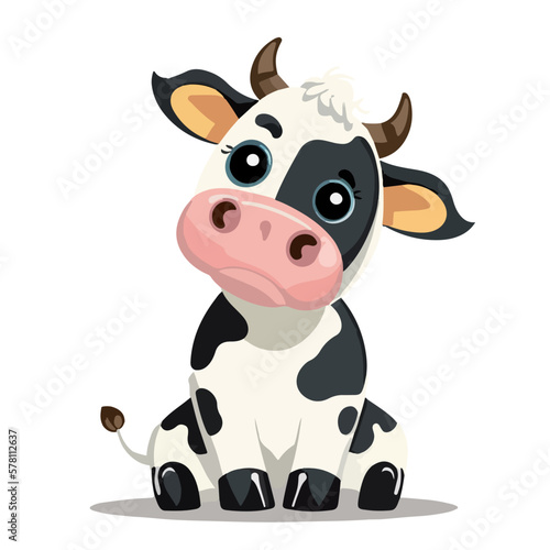 Young cute cow. Baby cow. Vector graphics. Illustration for children. Smiling nice animal.