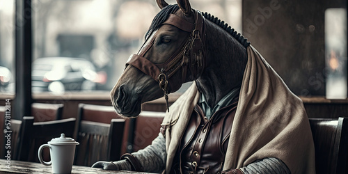 Portrait of a horse sitting at a cafe with a cup of coffee, generative ai 