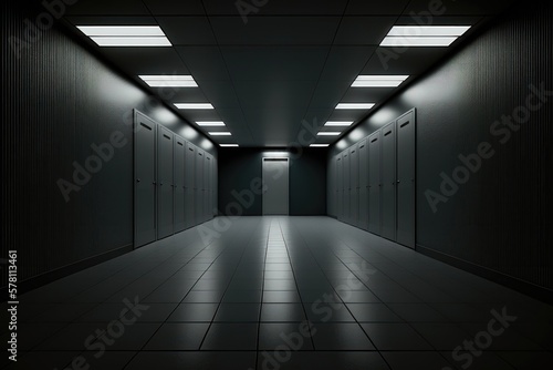 Server computer data empty room. Power energy motor machinery cabinets in control room. AI Generation