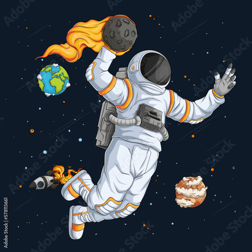 Fotomurale Hand drawn astronaut in spacesuit playing Basketball doing dunk move  over space