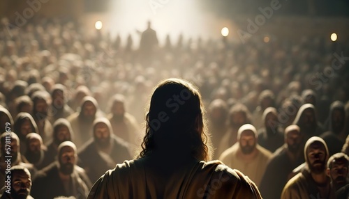 Illustration der Jünger von Jesus, welche eine Predigt oder Rede halten, vor Publikum. Menschen hören eine Predigt in einer altertümlichen Umgebung zu. - Generative AI 