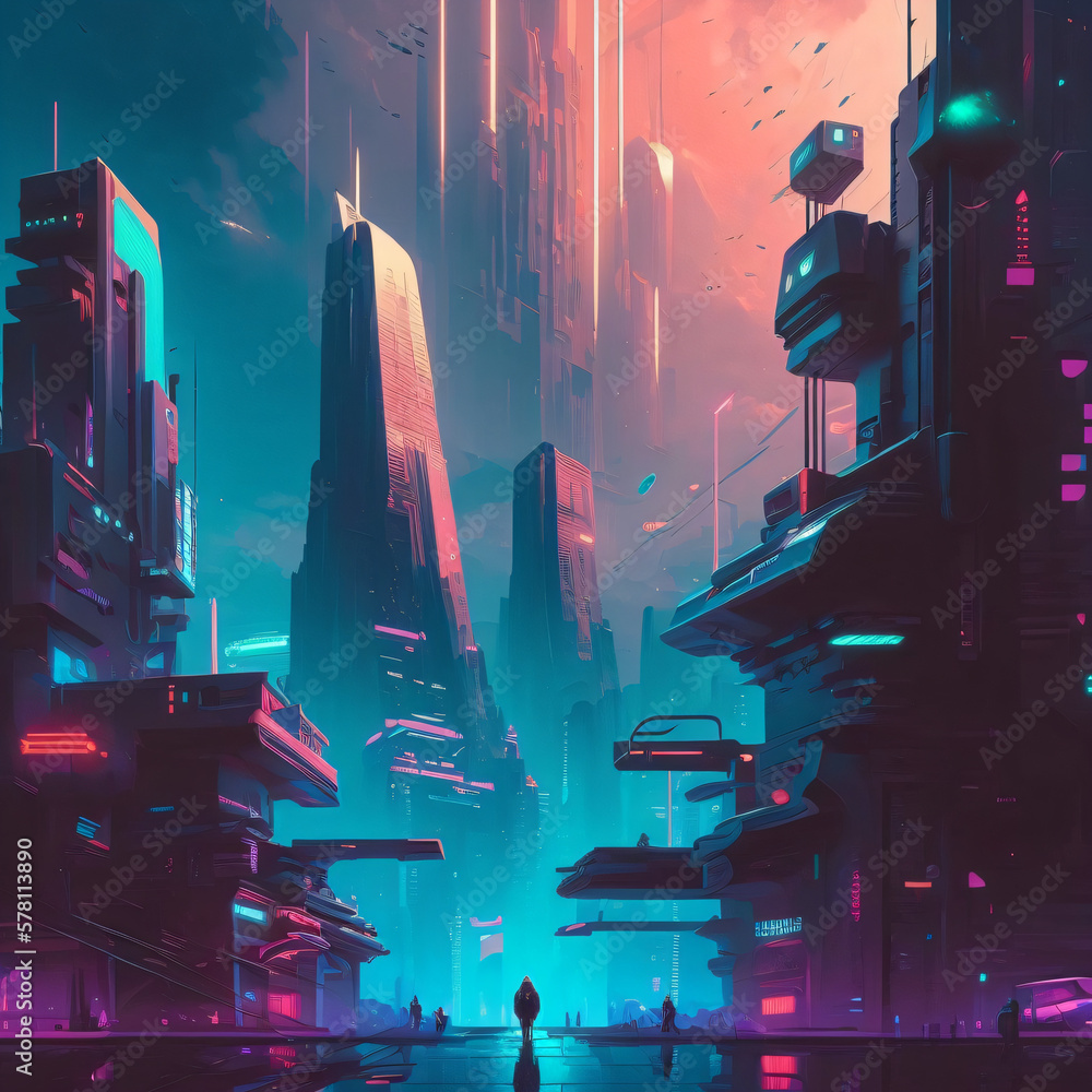 pink and blue neon lights on a futuristic city. neonoir pink and blue