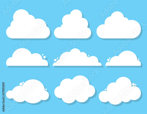 Set of White Cloud Icons in trendy flat style isolated on blue background. Cloud symbol for your web site design, logo, app. Vector illustration