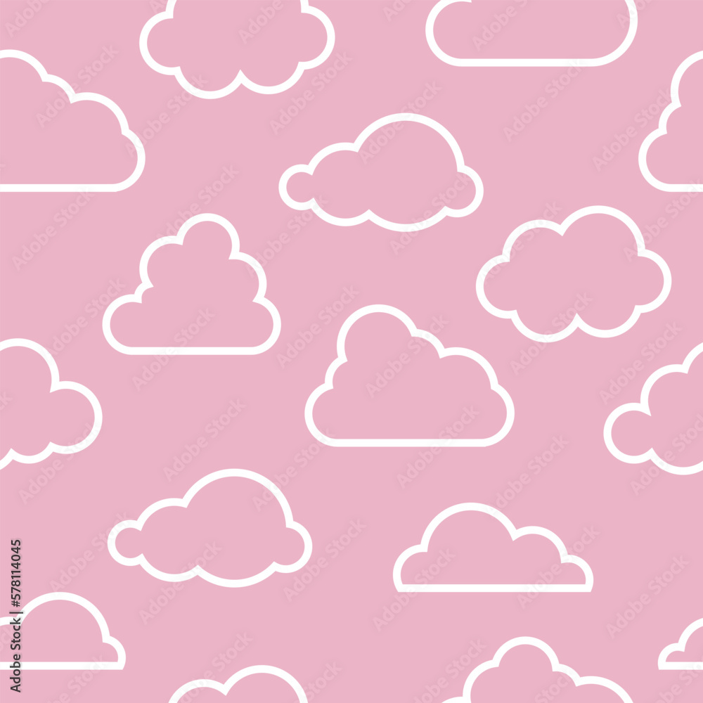 Seamless pattern with White Cloud Icons in trendy line art, outline style isolated on pink background. Cloud symbol for your web site design, logo, app. Vector illustration Seamless pattern with White Cloud Icons in trendy line art, outline style isolated on pink background. Cloud symbol for your web site design, logo, app. Vector illustration