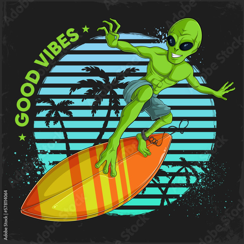 Photography Hand drawn funny Alien surfing on orange surfboard against vintage sunset, Alien