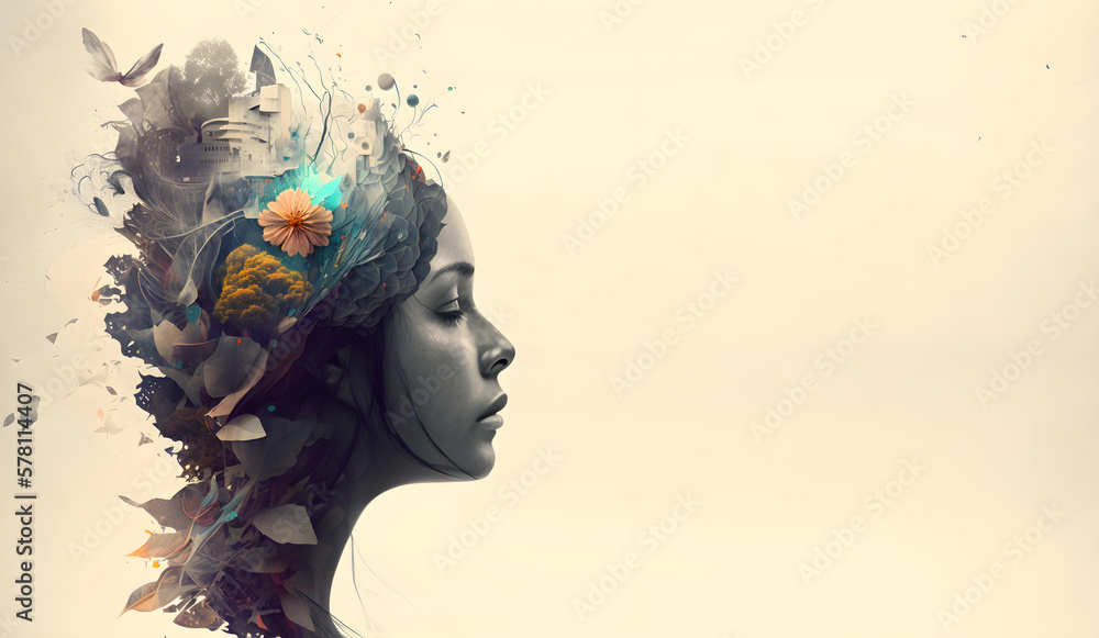 Abstract image of woman’s face in profile with multiple thoughts depicted on the back of her head. Banner. Generative Ai