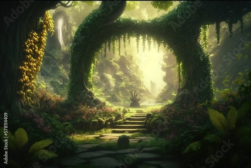 Exotic fairy tale fantasy forest, green oasis. Unreal fantasy landscape with trees and flowers. AI photo