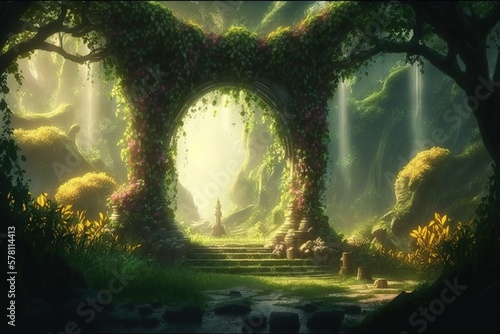 Exotic fairy tale fantasy forest  green oasis. Unreal fantasy landscape with trees and flowers. AI