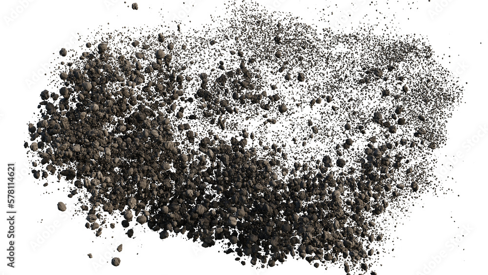 flying rocky debris, pebbles with dust, isolated on transparent background 