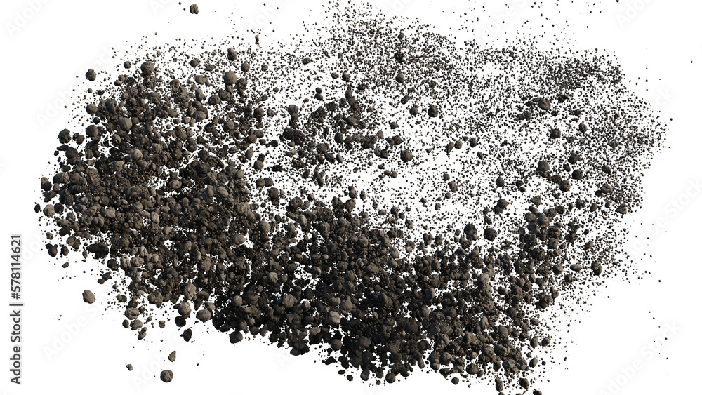 flying rocky debris, pebbles with dust, isolated on transparent background