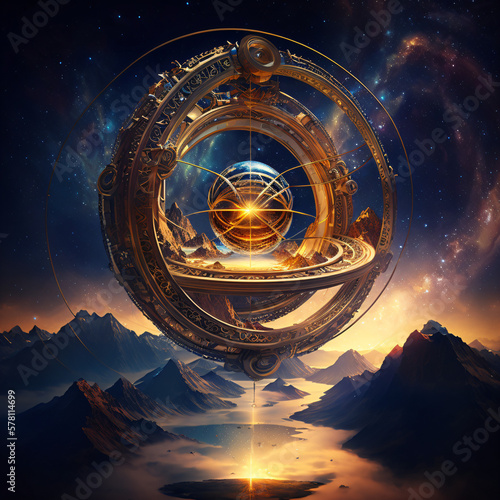surreal futuristic spherical astrolabe on a beautiful fantasy mountain range landscape Generative Ai photo