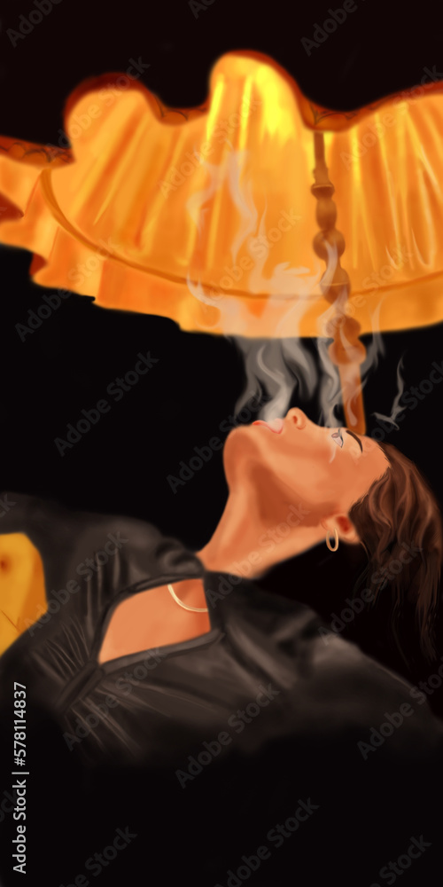 fashion illustration of smoking woman in dark rroom