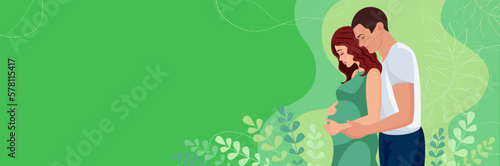 Illustration of a married couple, a man hugs a pregnant woman behind. Horizontal vector banner with a happy couple in love, family