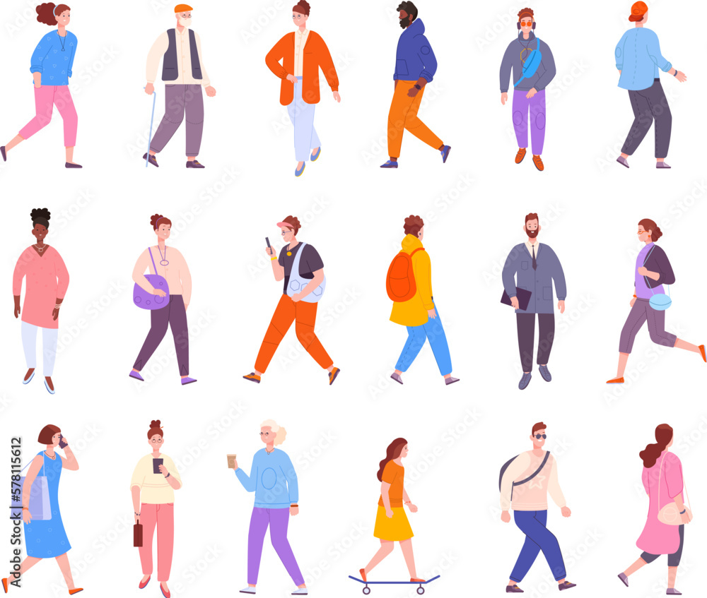 Walking citizens. Fashion people outdoor street walk, city crowd person in casual outfit guy on skateboard woman with bag adult man talk smartphone splendid vector illustration