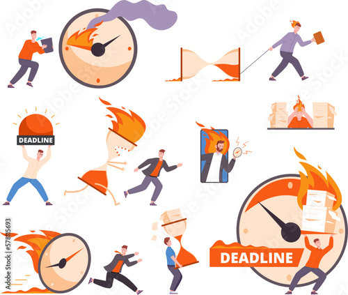 Workload deadline. Overwhelmed employees finishing burning work, rushed manager hard jobs office stress burnout depressed tired employee time pressure, splendid vector illustration