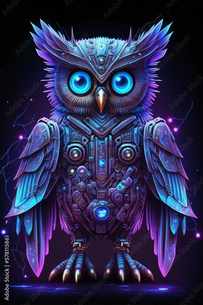 Techno Totem: Cyberpunk-Infused Tribal Owl. Ai generative