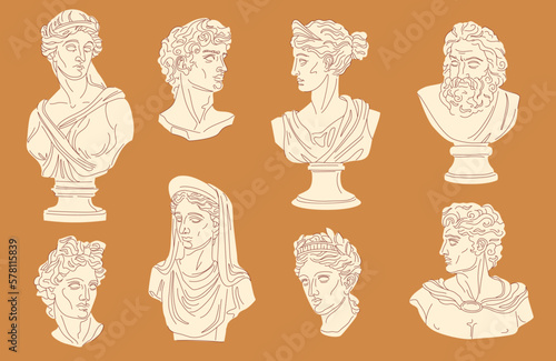 Greek bust. Plaster statue david apollo artemis demeter portrait, women greek goddess roman antique sculptures marble michaelangelo ancient monument, ingenious vector illustration