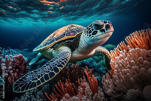 Coral Serenity  Graceful Sea Turtle in Its Reef Home. Ai generative