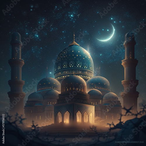 Ramadan mosque at night with moon photo