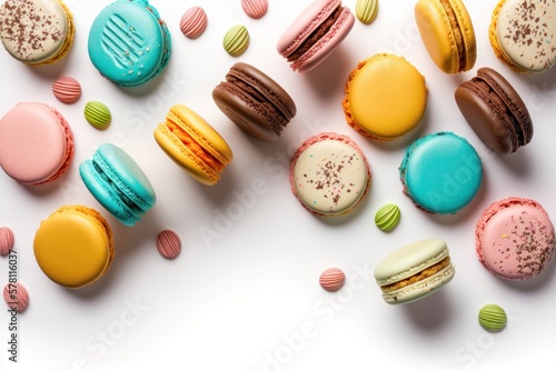 Multicolored macarons on a white background, top view. AI Generation