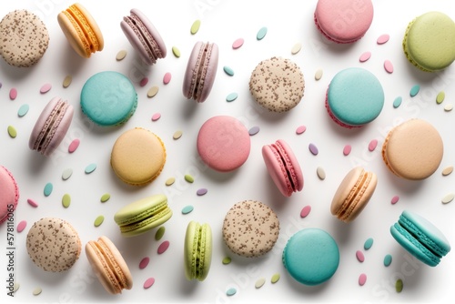 Multicolored macarons on a white background, top view. AI Generation