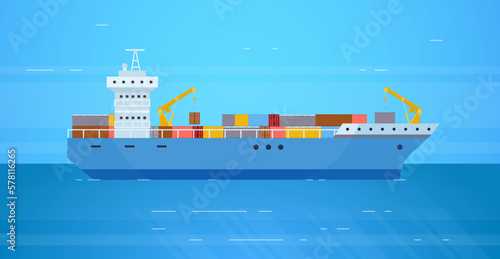 Cargo ship seaport. Freight vessel for internation logistic shipping containers or gain export shipment, large boat in ocean barge on sea wave water transport vector illustration