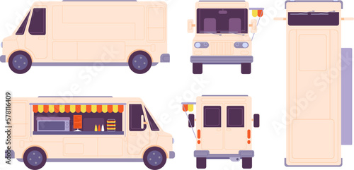 Food truck mockup. Foodtruck design side profile front back view, delivery or catering car minibus template, van bus overhead mobile kitchen mock-up splendid vector illustration