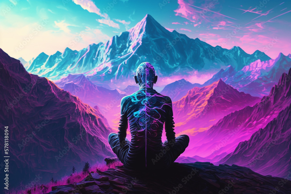 Fototapeta premium Virtual Mountain Meditation: Psychedelic Glitch in Simulation Reality - Generative Art