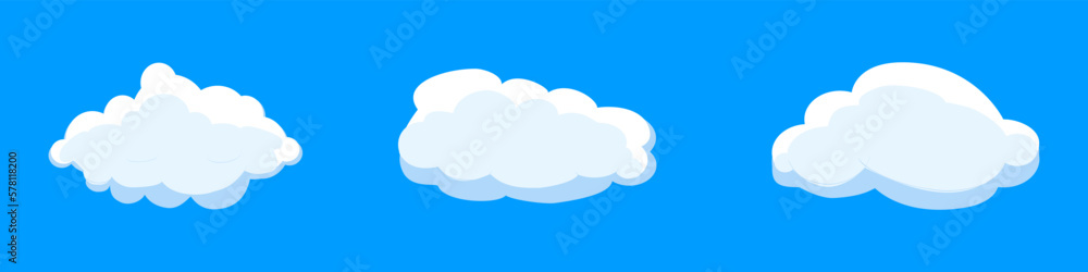 White cartoon clouds set isolated on blue background. Collection of different clouds for background template, wallpaper and fluffy sky design. Flat clouds concept. 3D clouds vector illustration White cartoon clouds set isolated on blue background. Collection of different clouds for background template, wallpaper and fluffy sky design. Flat clouds concept. 3D clouds vector illustration