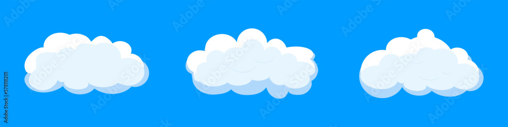 White cartoon clouds set isolated on blue background. Collection of different clouds for background template, wallpaper and fluffy sky design. Flat clouds concept. 3D clouds vector illustration White cartoon clouds set isolated on blue background. Collection of different clouds for background template, wallpaper and fluffy sky design. Flat clouds concept. 3D clouds vector illustration