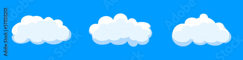 White cartoon clouds set isolated on blue background. Collection of different clouds for background template, wallpaper and fluffy sky design. Flat clouds concept. 3D clouds vector illustration