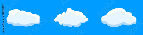 White cartoon clouds set isolated on blue background. Collection of different clouds for background template, wallpaper and fluffy sky design. Flat clouds concept. 3D clouds vector illustration