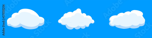 White cartoon clouds set isolated on blue background. Collection of different clouds for background template, wallpaper and fluffy sky design. Flat clouds concept. 3D clouds vector illustration