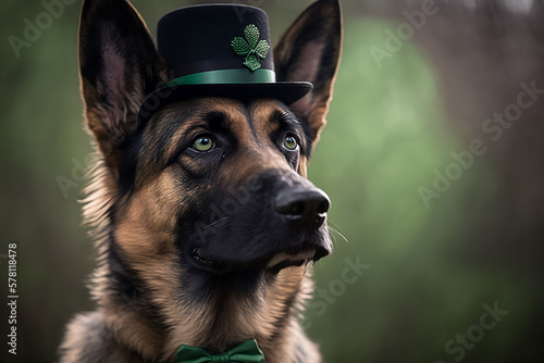 Generative AI Illustration of a German Shepard wearing a St. Patrick's Day Top Hat, St. Patrick Day Concept