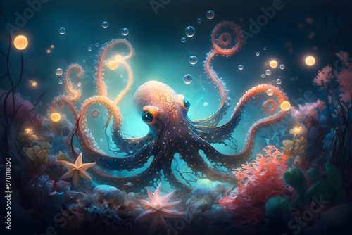 Octopus in deep blue magical sea