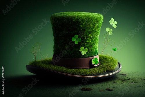 green top hat made out of the moss and clovers, saint patrick's day cosmetic concept